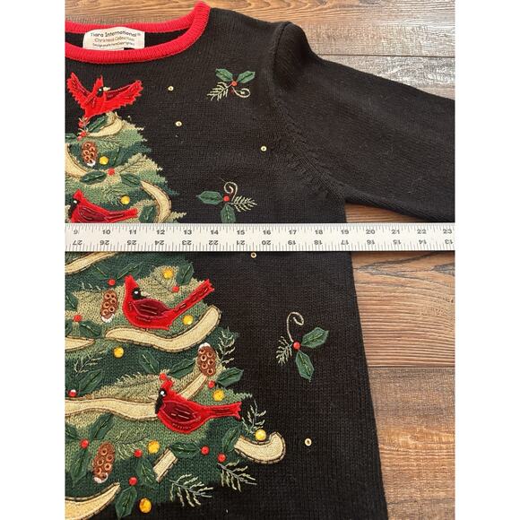 Tiara International Christmas Sweater Black Red Birds Cardinal Medium Holiday - Picture 6 of 6